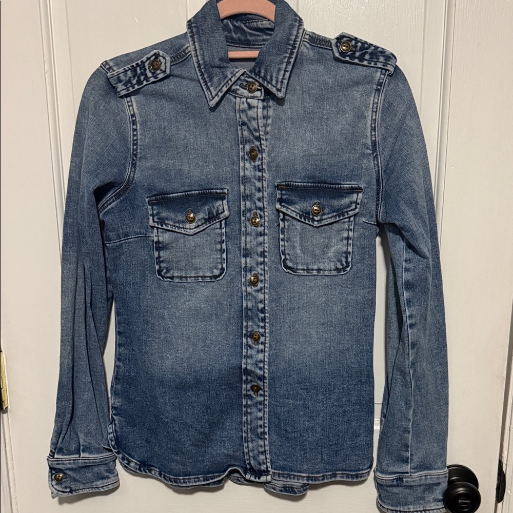 Denim Button-Up Shirt with Epaulettes